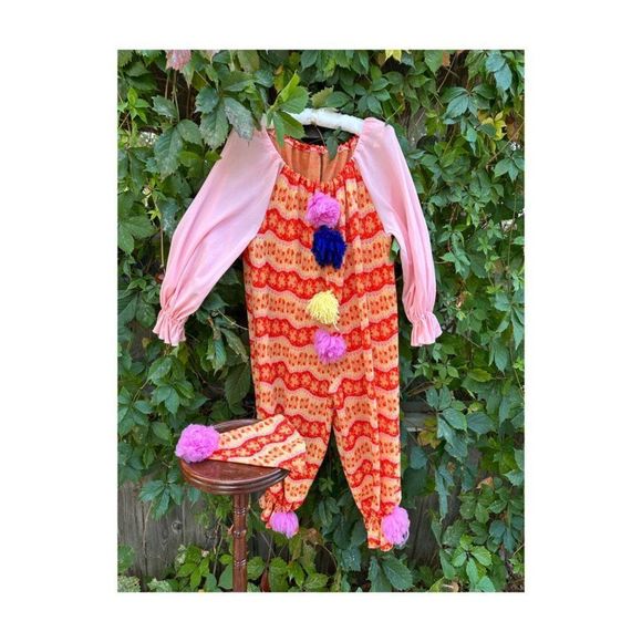 Vintage 70s Handmade Knit Clown Costume PomPoms 2 Hats Pink Red Yellow - Picture 7 of 16